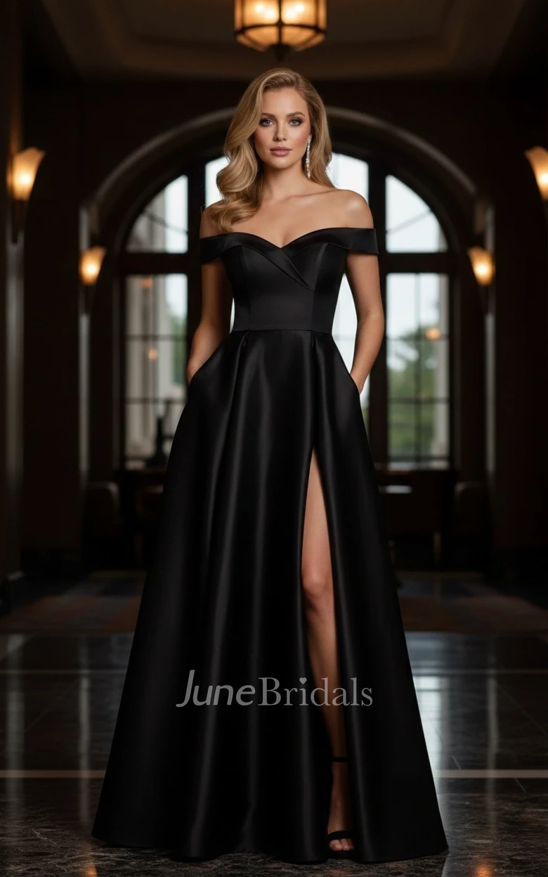 Simple Modest Black A-Line Off-the-Shoulder Long Spring Wedding Dress Casual Gorgeous Satin Evening Party Gown with Slit