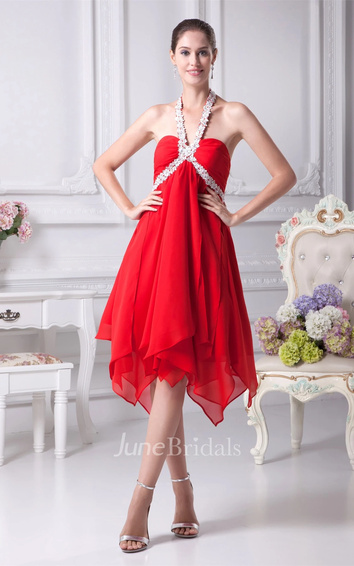 Sweetheart Empire Chiffon Midi Dress with Gemmed Halter