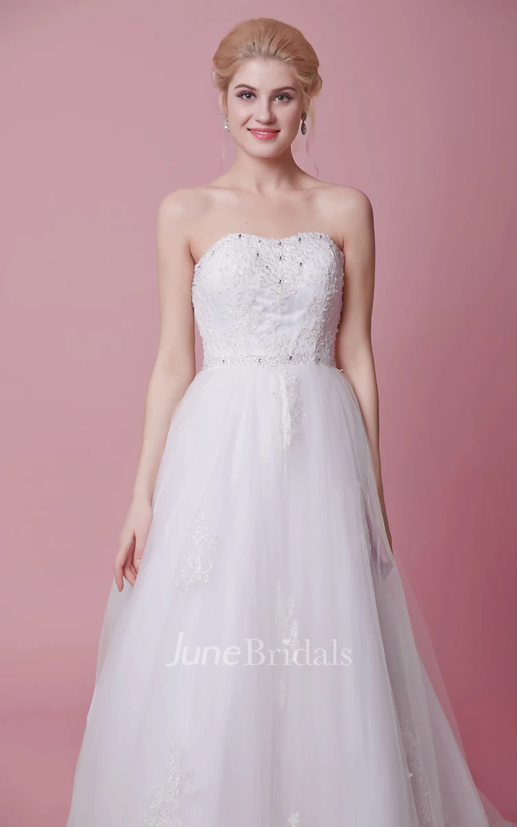 A-Line Strapless Lace-Appliqued Tulle Dress With Beaded Bodice