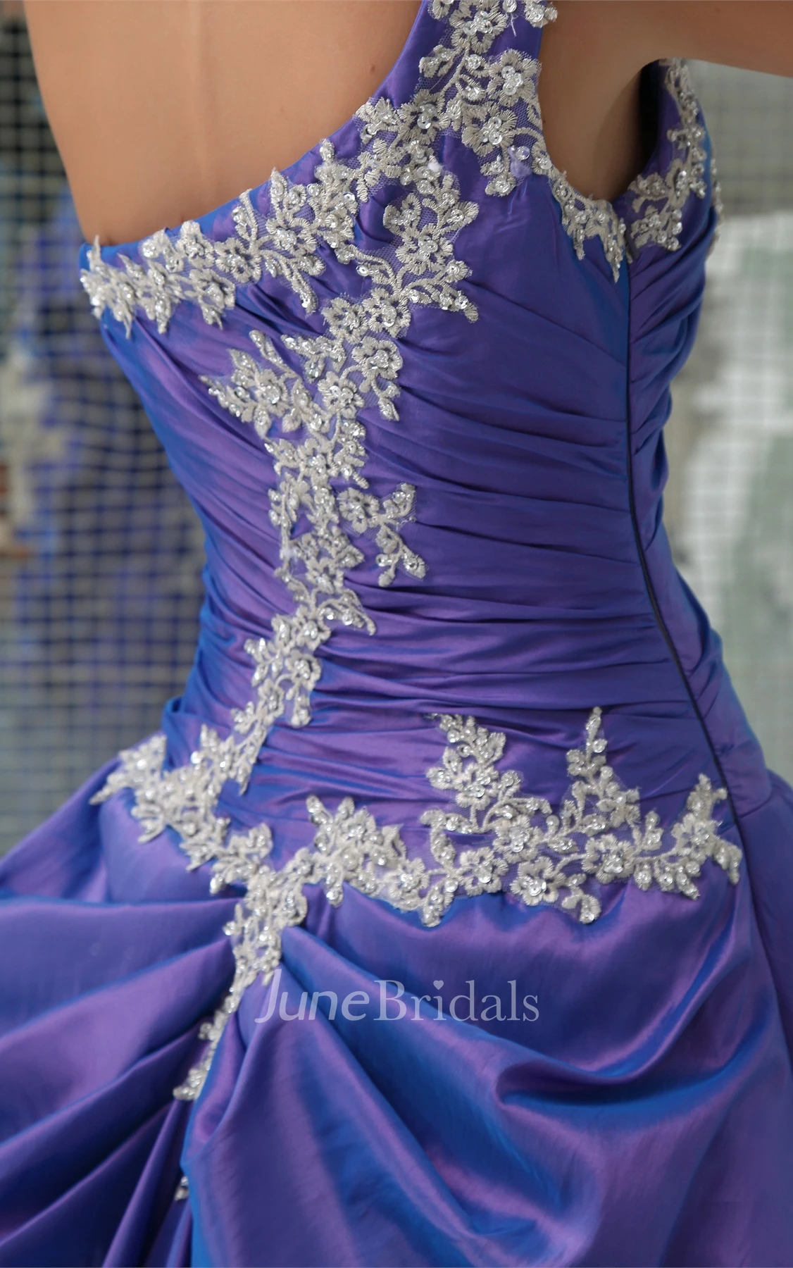 One-Shoulder Ruched Pick-Up Ball Gown with Appliques