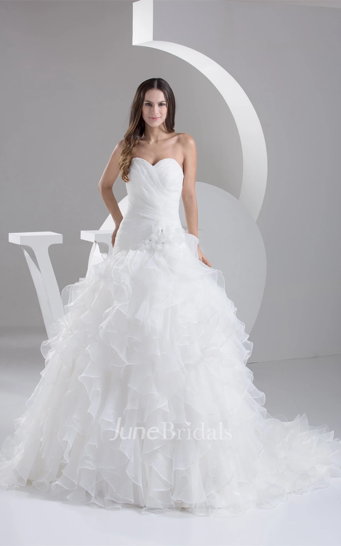 Sweetheart Criss-Cross Ruffled Ball Gown with Flower