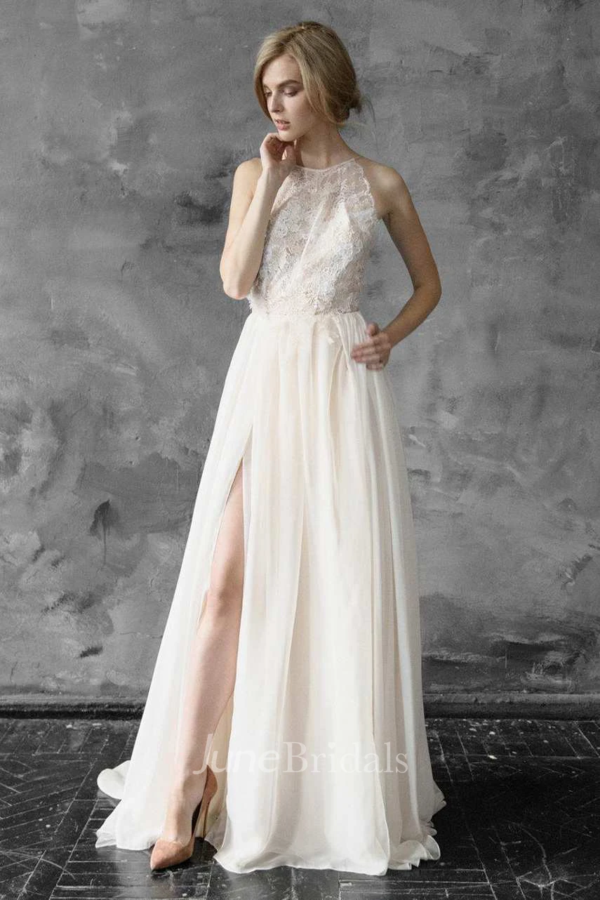 Halter Chiffon Lace Wedding Dress - June Bridals