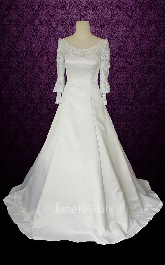 Jewel Puff Sleeve Button Back Long Satin Wedding Dress With Bow And Lace