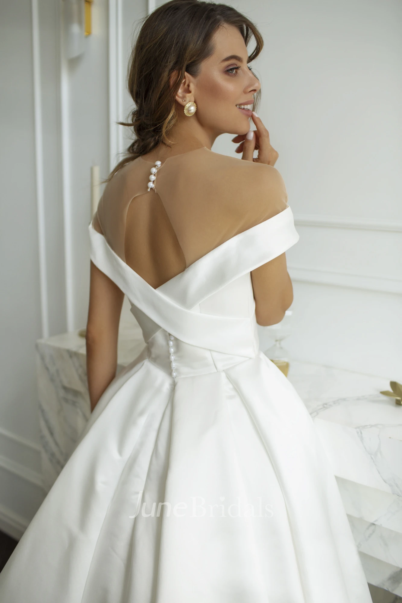 Criss Cross Off-the-shoulder Illusion Satin Wedding Dress With Illusion Keyhole Back And Buttons