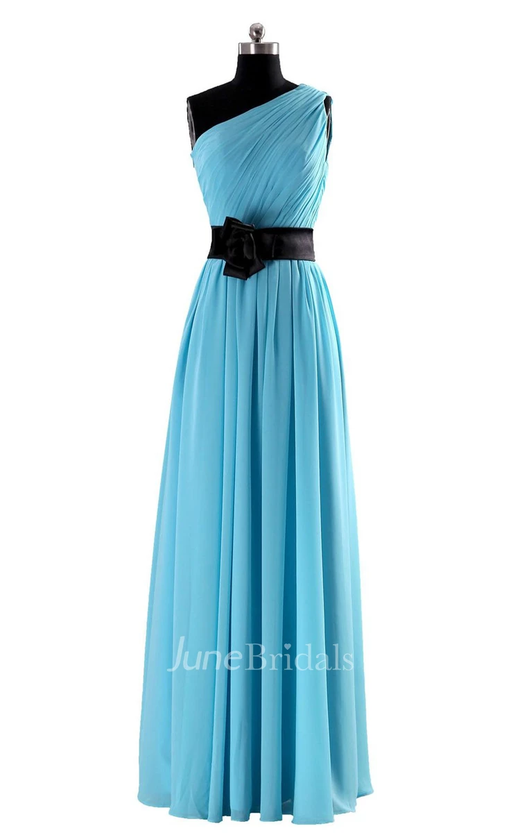 High-neck A-line Chiffon Dress With Satin Sash and Bow