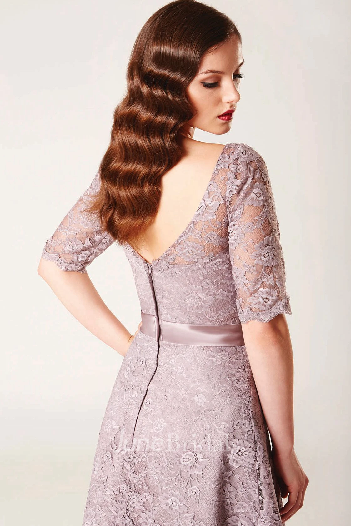 A-Line Knee-Length Appliqued Half Sleeve Bateau Neck Lace Bridesmaid Dress