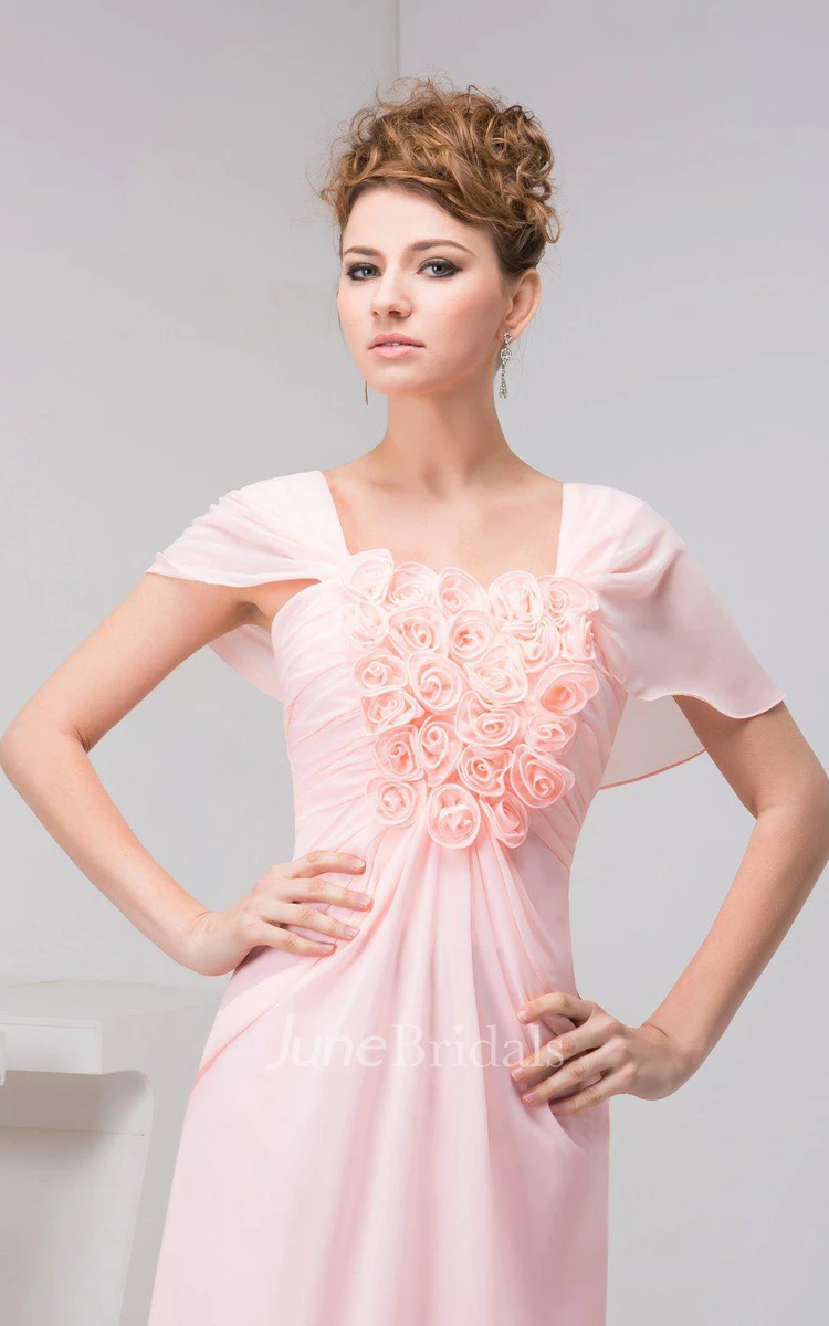 Short-sleeved Chiffon Dress With Floral Bodice