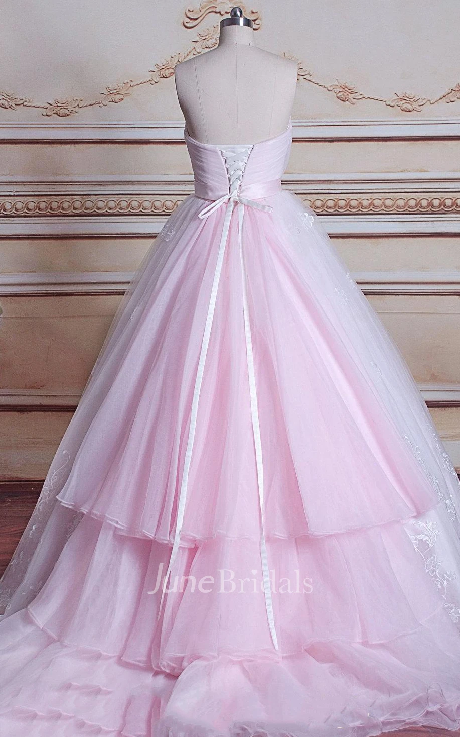 Ball Gown Sweetheart Chapel Train Tulle Lace Dress With Lace-Up Back