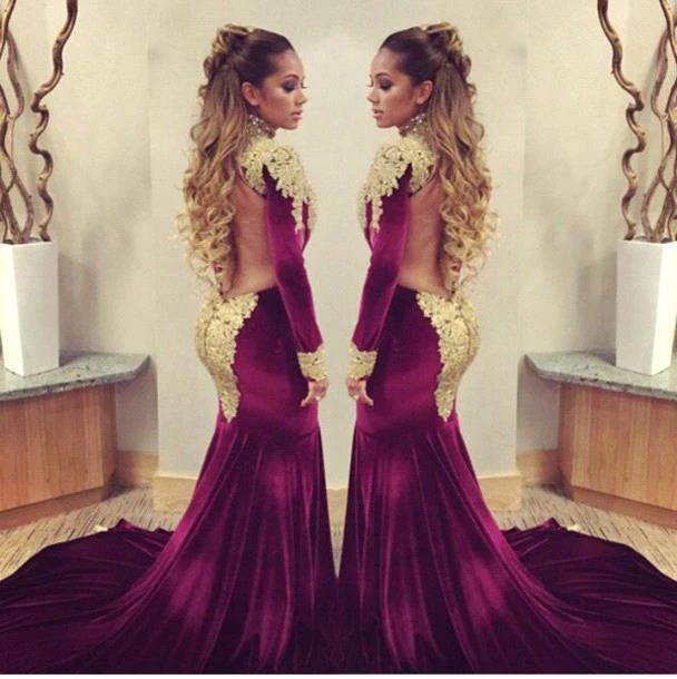 Stunning Long Sleeve Golden Appliques Evening Dresses Mermaid With Train