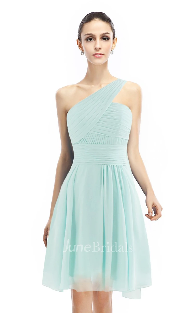 Knee-length One-shoulder Ruched A-line Dress With Band