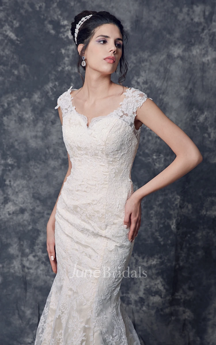 Cap Sleeve Mermaid Long Lace Wedding Dress with Illusion Back