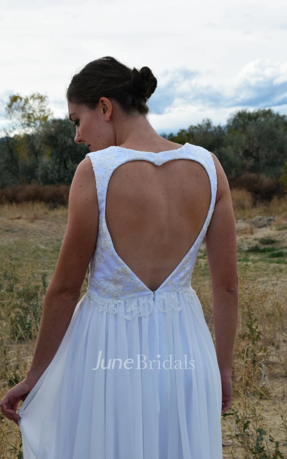 V-Neck Long A-Line Chiffon Wedding Dress With Heart Back