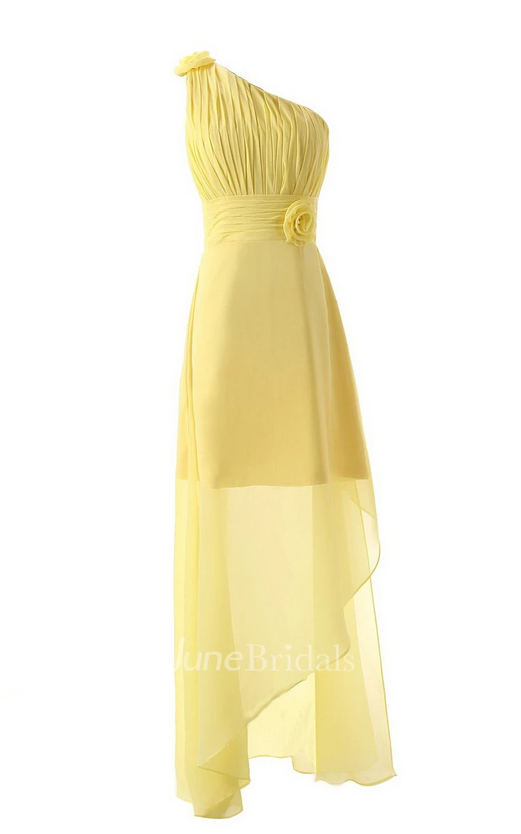 Asymmetrical One-shoulder Pleated Chiffon A-line Dress With Flowers