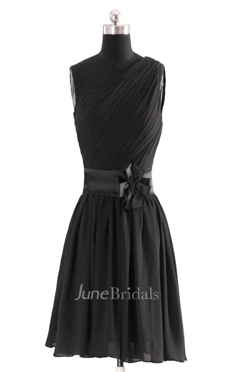 One-shoulder A-line Chiffon Dress With Floral Sash