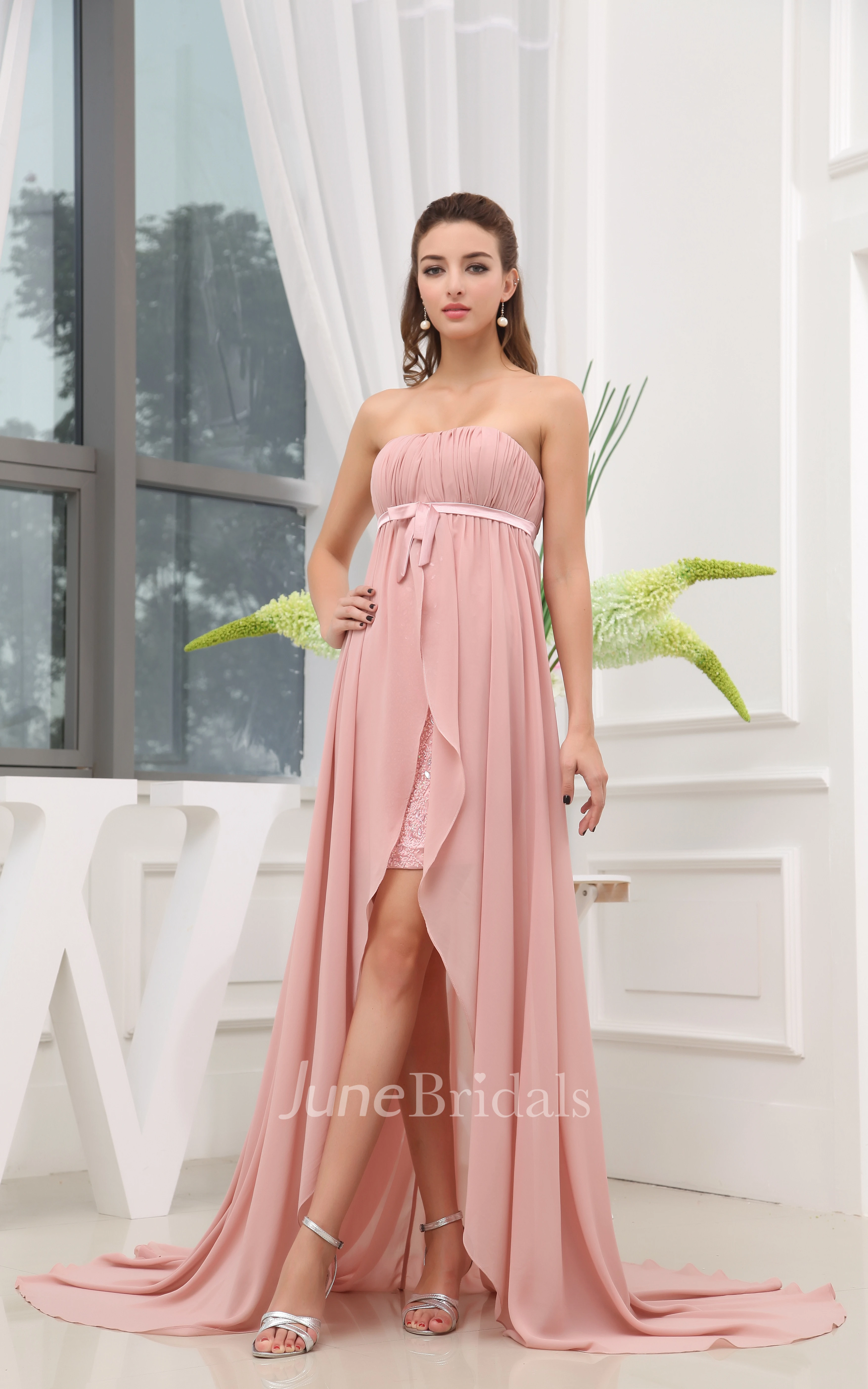 Strapless Chiffon Dress With Empire Waist and Front Slit