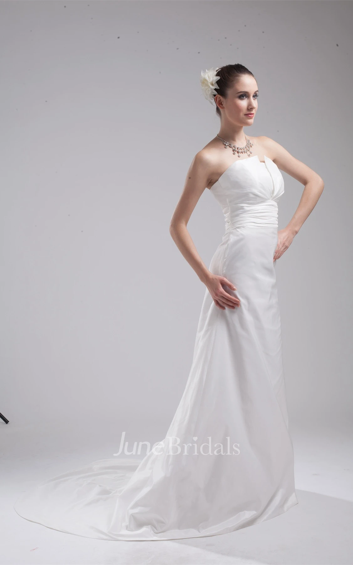 Strapless A-Line Gown with Ruched Waist and Court Train