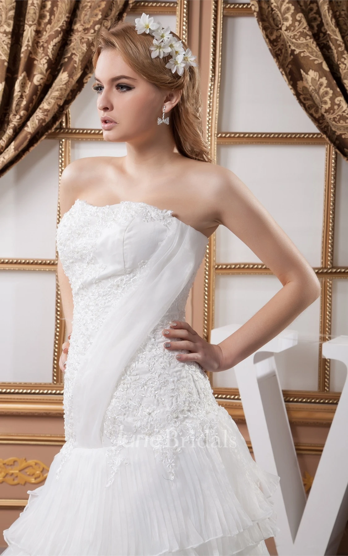 Strapless Ruffled A-Line Gown with Pleats and Appliqued Bodice