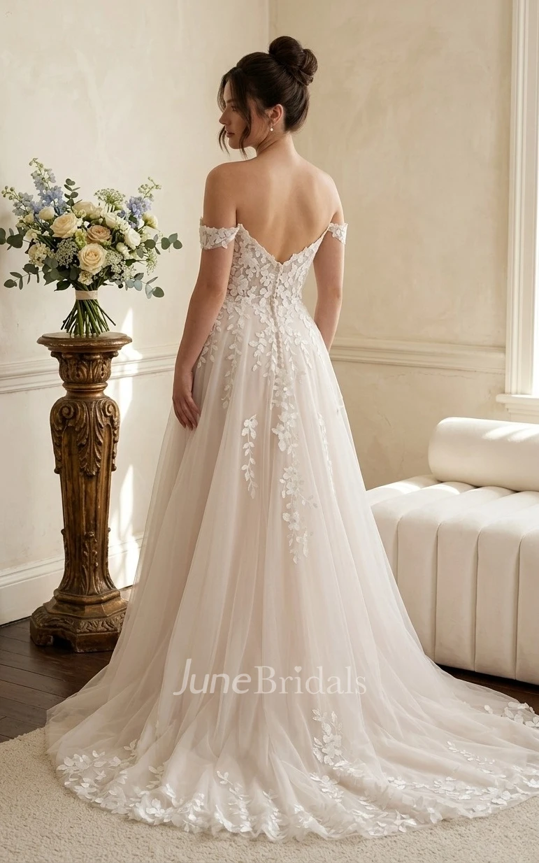 Elegant A-Line Off-Shouder Lace Tulle Wedding Dress for Gardening Weddings