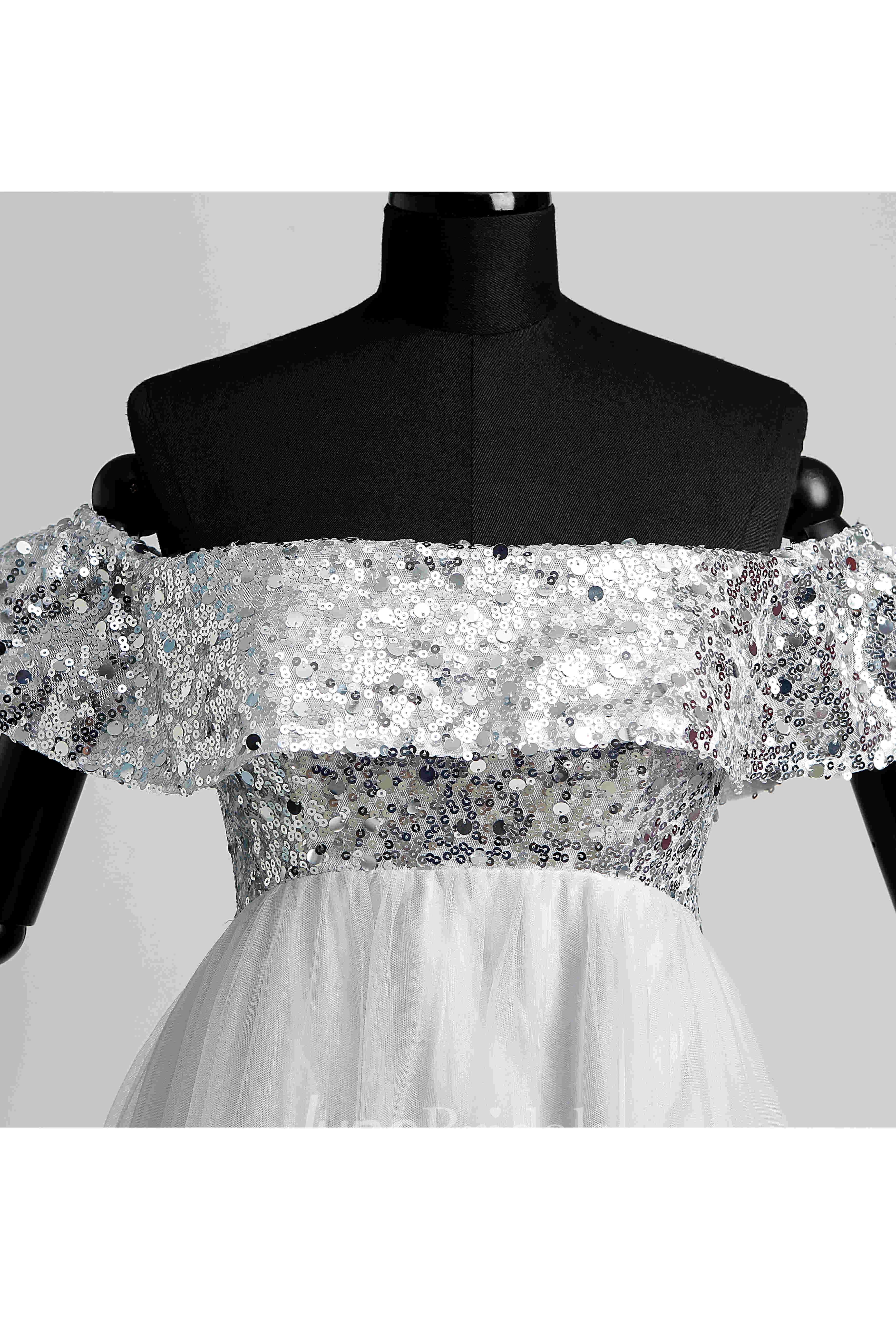 Strapless Sequined Bodice Empire Pleated Tulle Dress