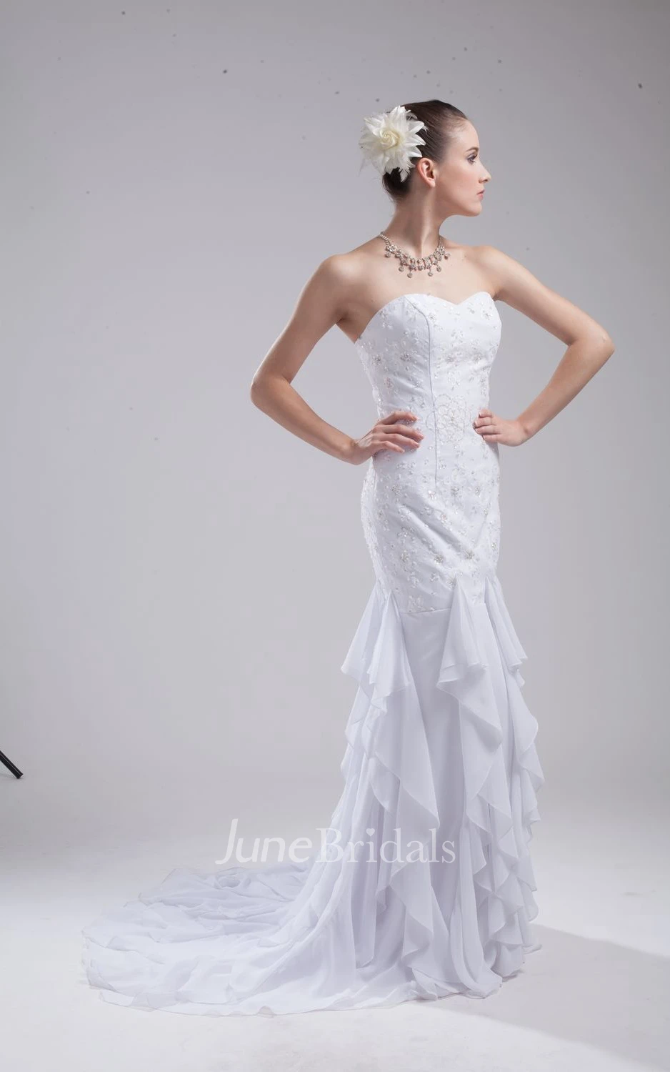 Strapless Sheath Dress With Beaded Bodice and Cascading Ruffles
