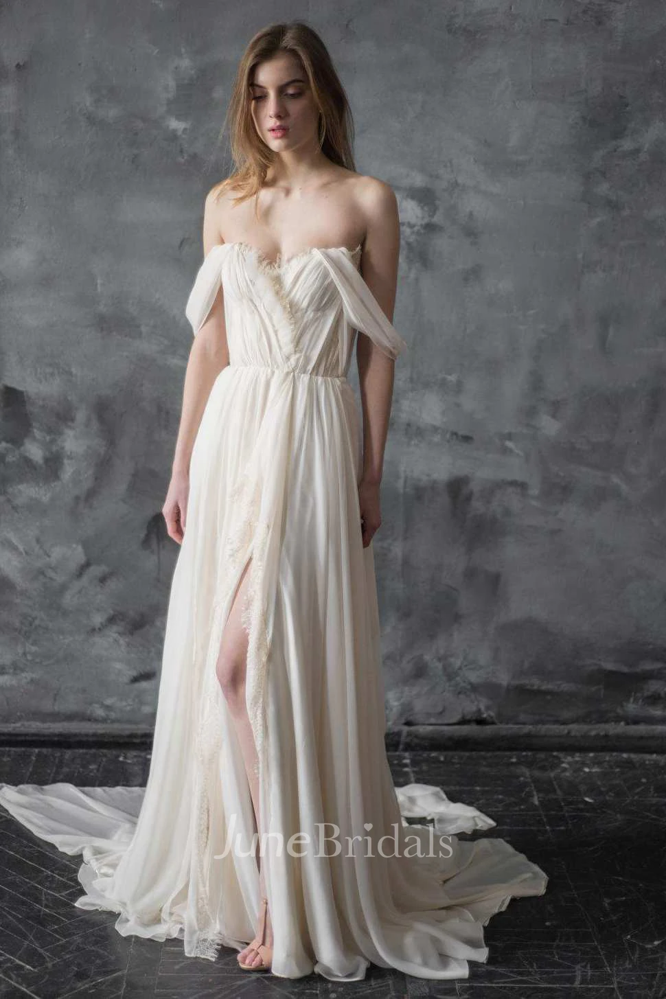 Off-The-Shoulder Sweetheart Chiffon Satin Lace Wedding Dress