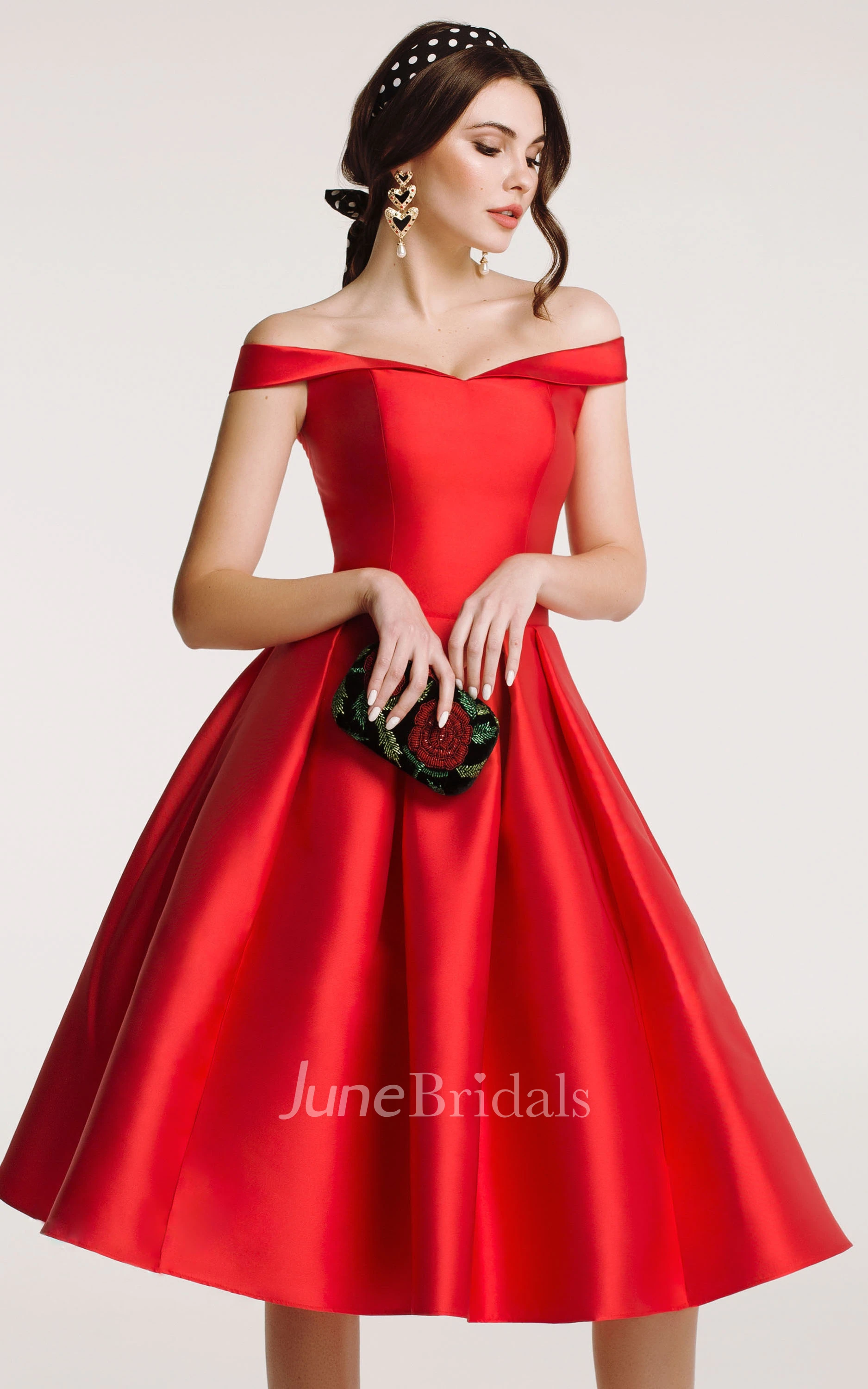 Red Vintage Satin Off-the-shoulder A-Line Sleeveless