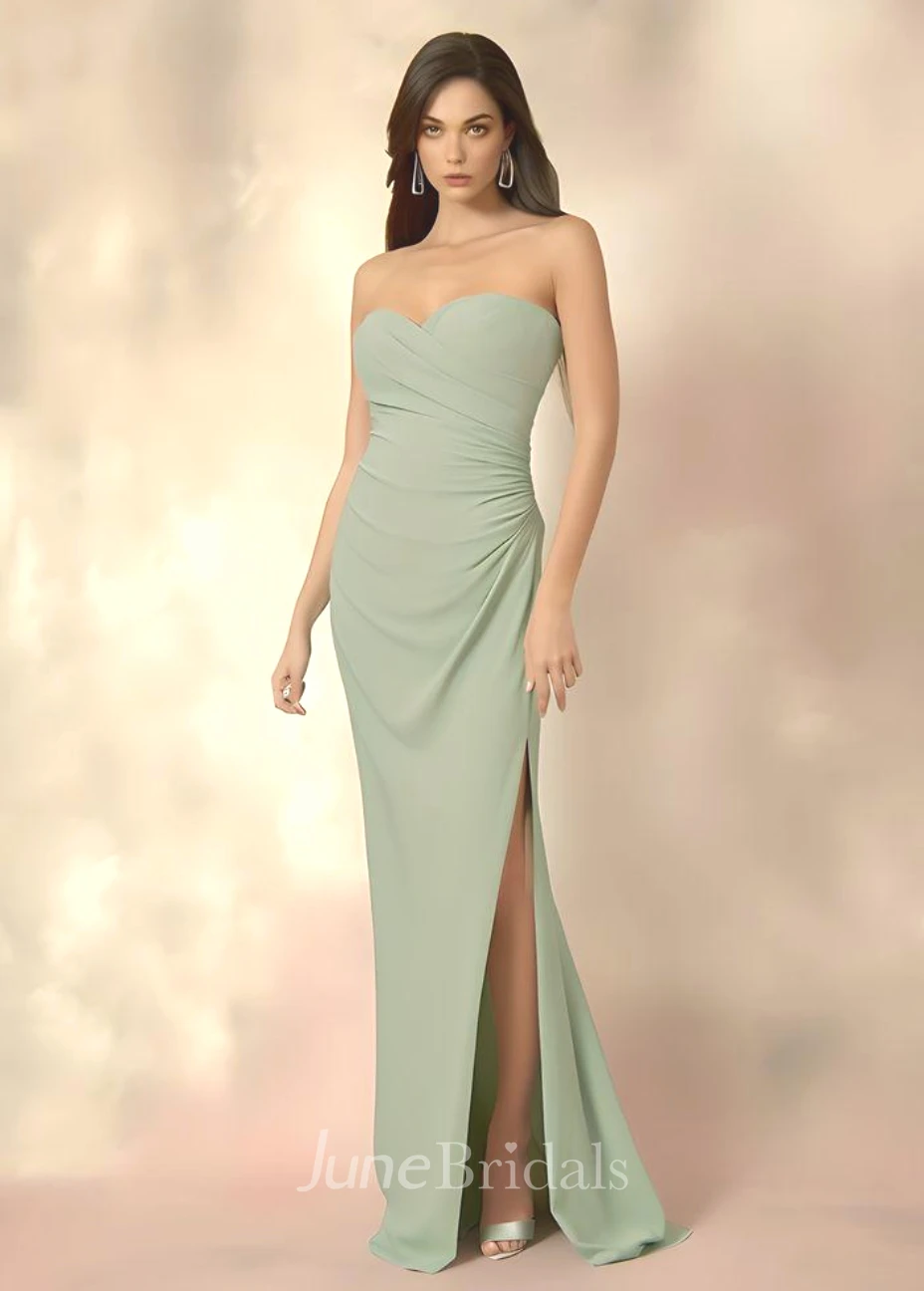 Simple Sheath Off-the-shoulder Satin Bridesmaid Dress with Split Front