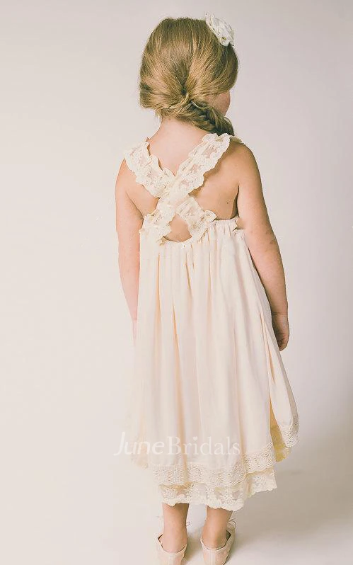 Lace Strap Pleated Chiffon Dress With Straps Back