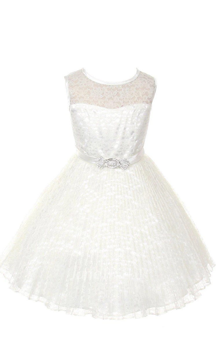 A-line Sleeveless Jewel Neck Lace Dress With Satin Belt
