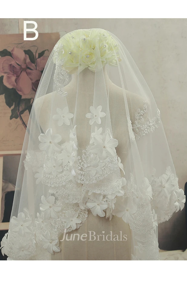 Simple Sweep Tulle Wedding Veil with Lace Edge and Flowers