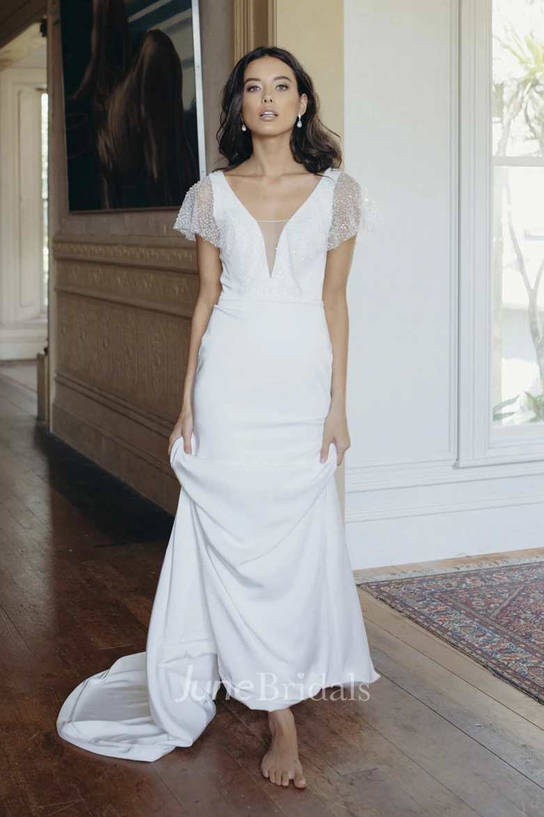 Illusion Beaded Sleeves Plunging V-neck Elegant Sheath Wedding Dress With Court Train