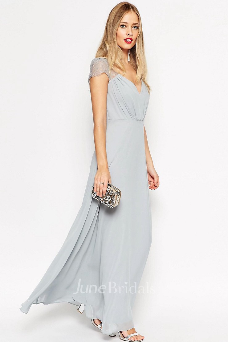 Grey chiffon cap outlet sleeve embellished maxi dress