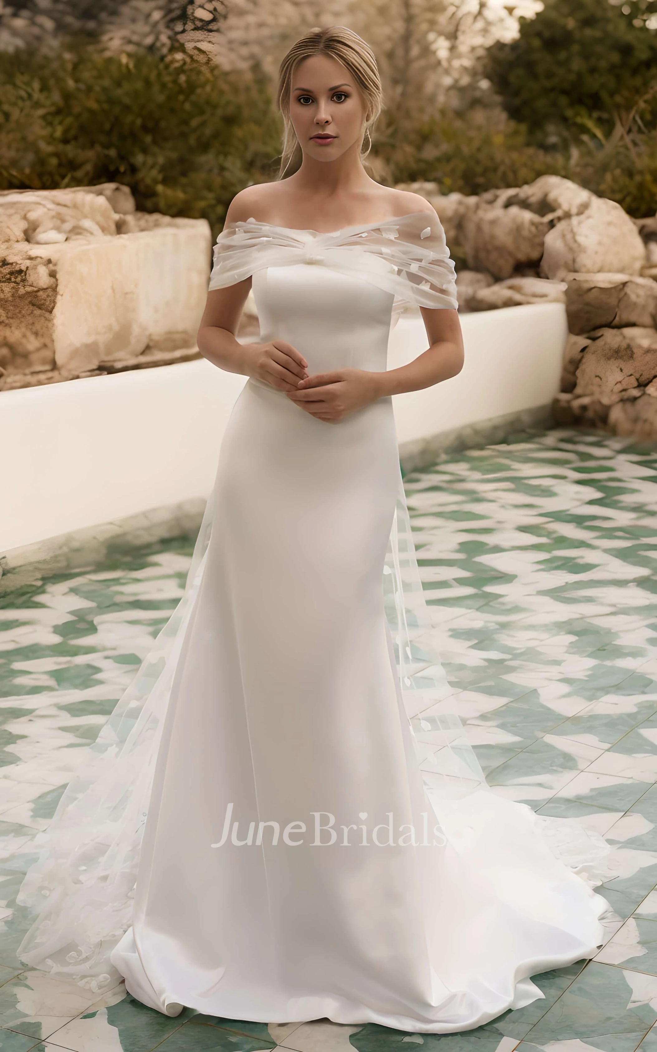 Simple Elegant Off-the-Shoulder Mermaid Spring Wedding Dress Minimalist Detachable Cape Train Backless Bridal Gown