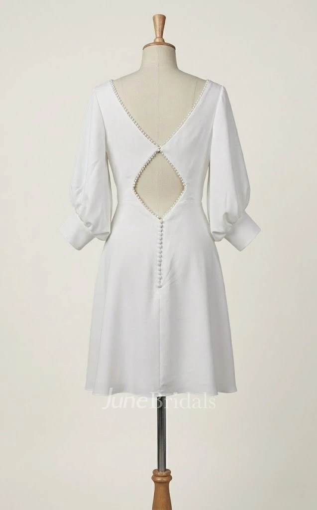 Modern Simple Chiffon A-Line Short Wedding Dress with Ruched Balloon Sleeves and Cuffs