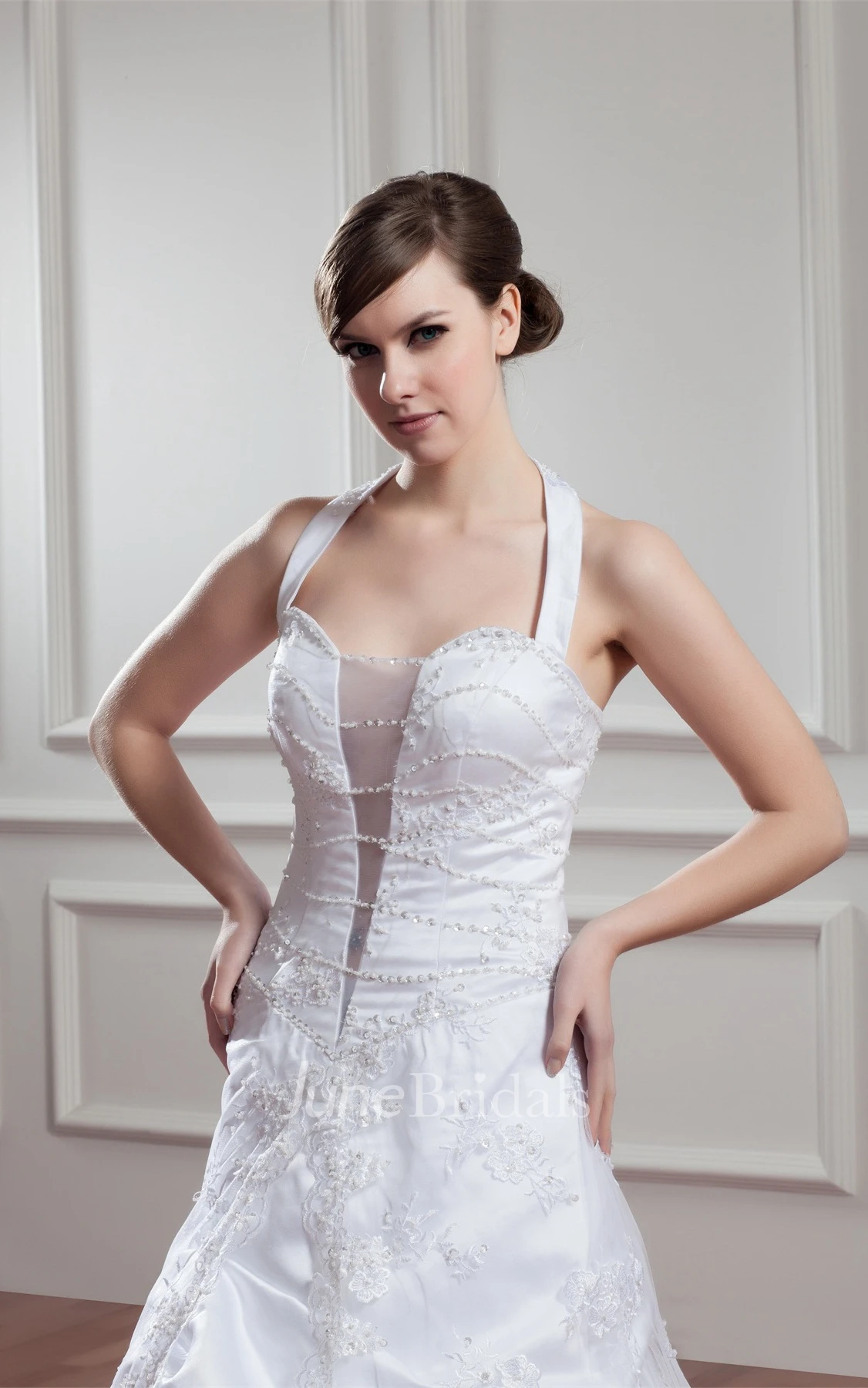 Sleeveless Appliqued A-Line Dress with Illusion and Halter