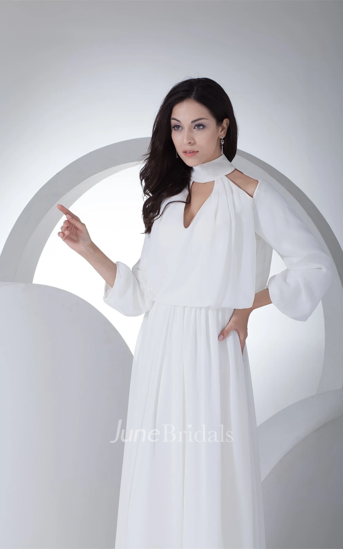 3-4 Sleeve High-Neck A-Line Chiffon Dress with Pleats and Zipper Back