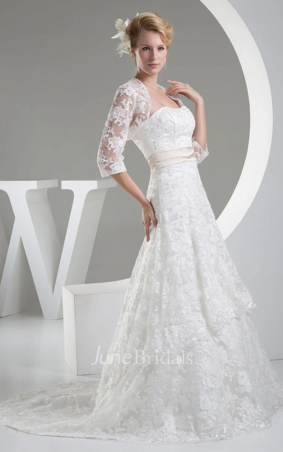 Strapless Lace A-Line Dress With Satin Waist and Bolero