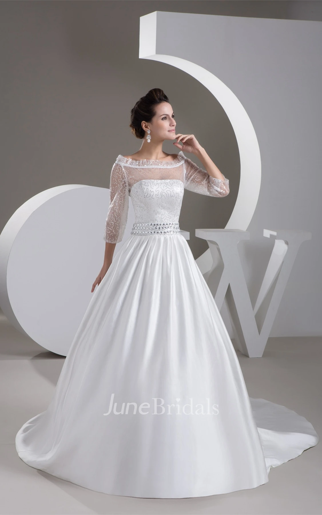 Off-The-Shoulder Satin A-Line Gown with Illusion and Gemmed Waist