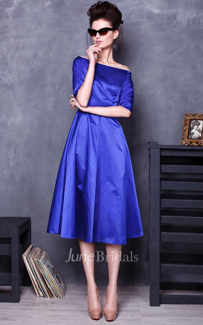 Bateau Half Sleeve Satin Knee-Length Dress