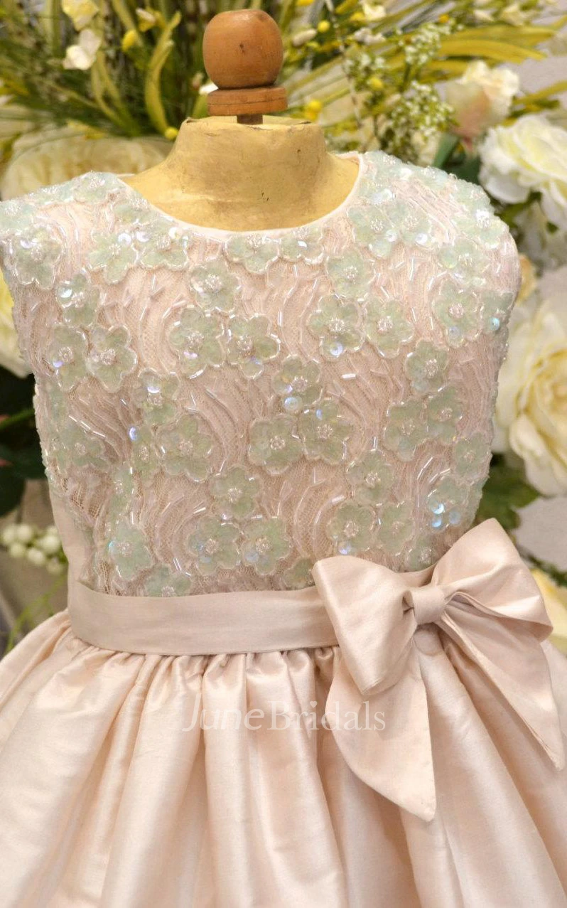 Sleeveless Jewel Pleated Lace Dress With Beading&Bow