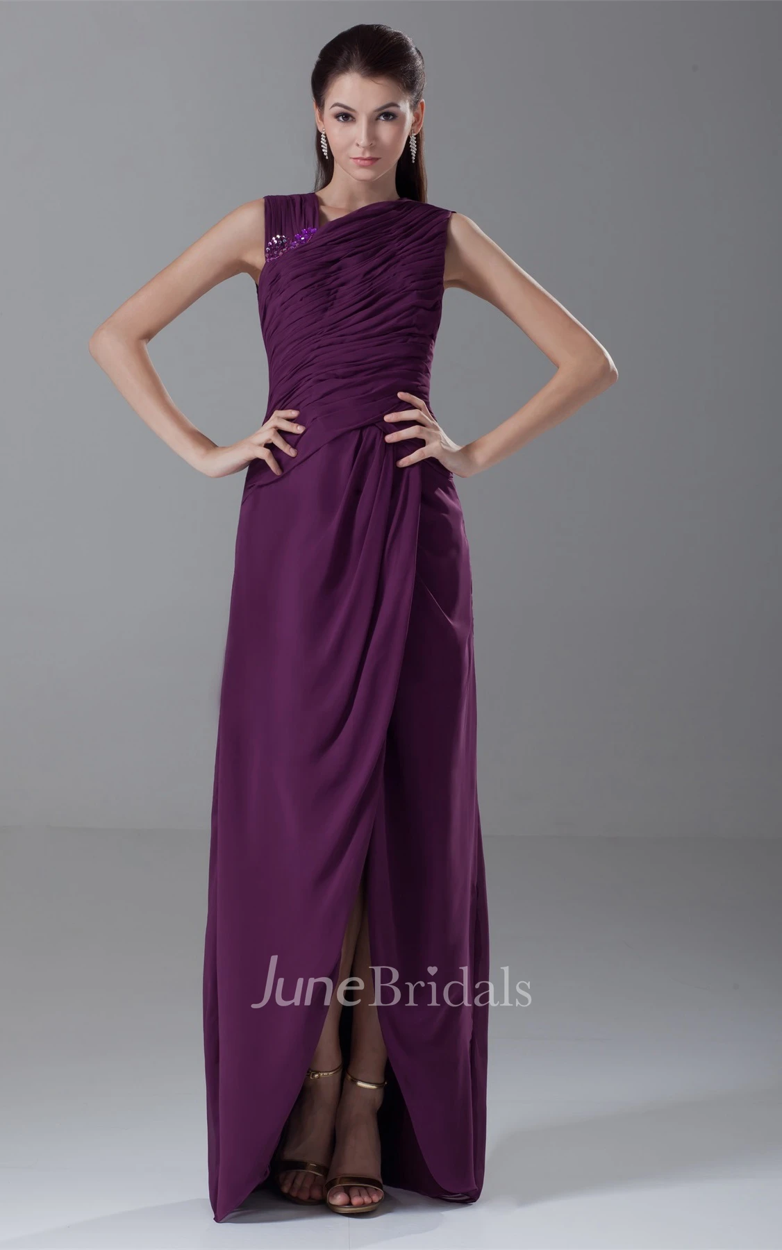 Sleeveless Chiffon Front-Split Dress with Ruching and Beading