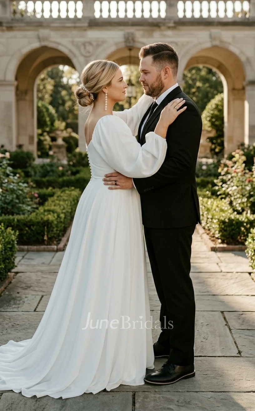 Simple Modest Plus Size Long Sleeve Spring Wedding Dress Casual Flattering A-Line Chiffon Bridal Gown