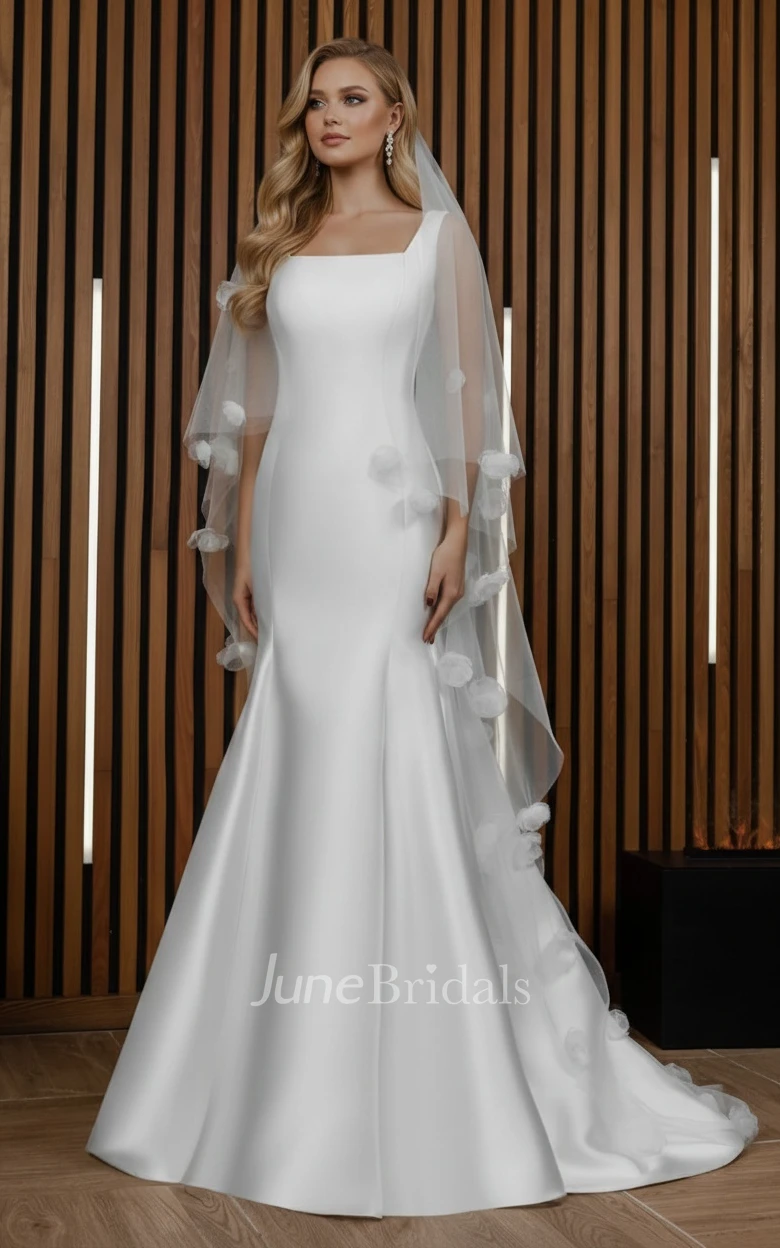 Minimalist Elegant Mermaid Square Neck Spring Wedding Dress Modest Simple Wide Strap Floor Length Sweep Train Fit and Flare Bridal Gown