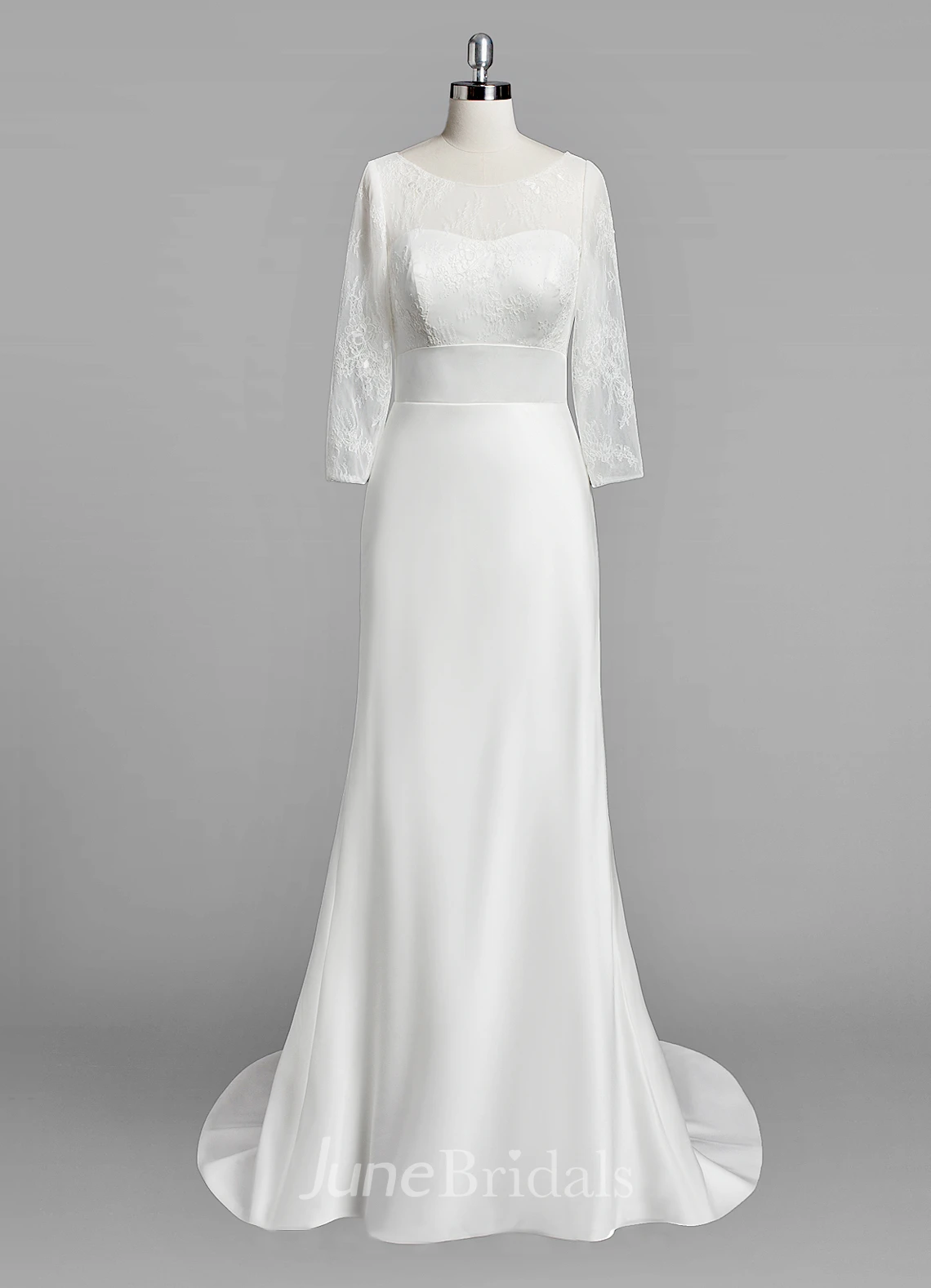 Scoop Neck Long Sleeve Sheath Satin Wedding Dress With Lace Bodice