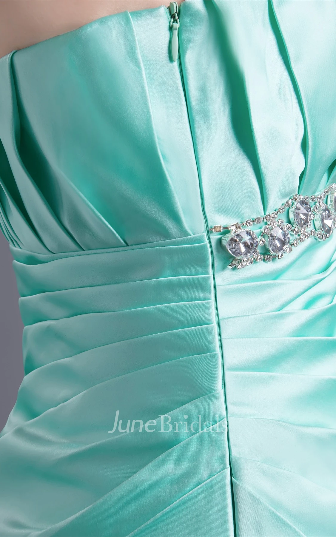 Strapless Satin A-Line Dress with Ruching and Gemmed Waist