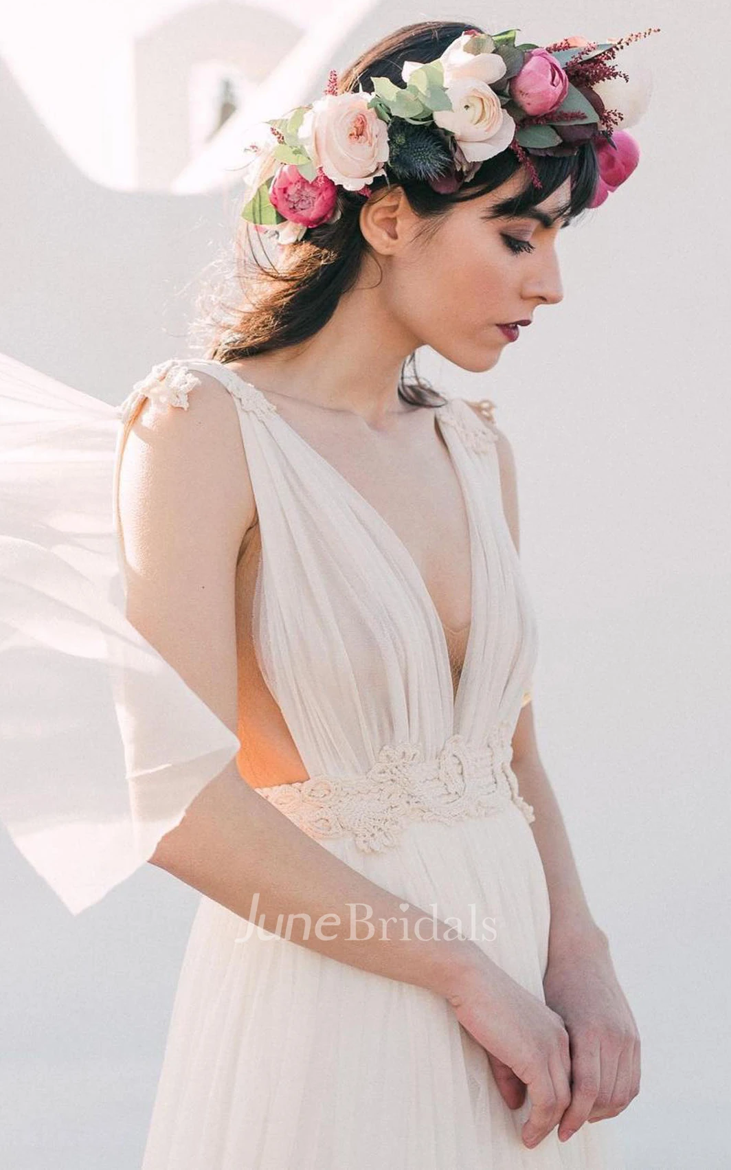 Grecian V-neck Plunging Neckline A-Line Tulle Wedding Dress With Low-V Back And Sash