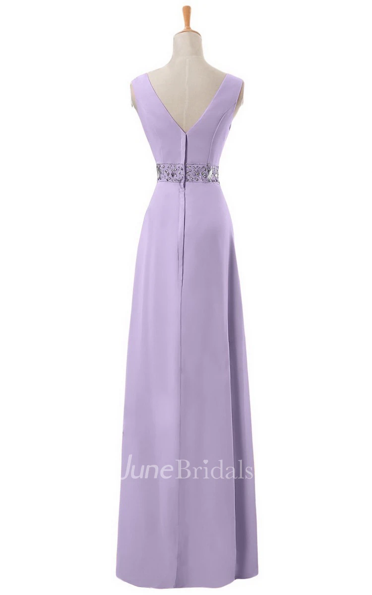 V-neck Long Empire Chiffon Dress With Rhinestones