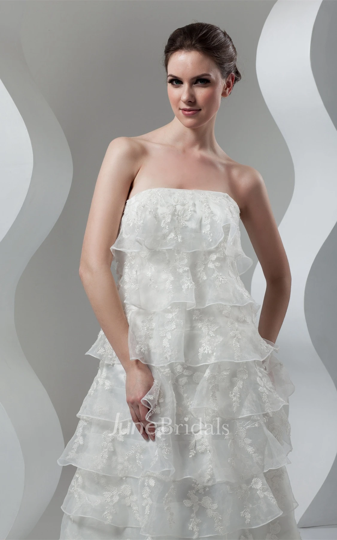 Strapless Tiered A-Line Gown with Appliques