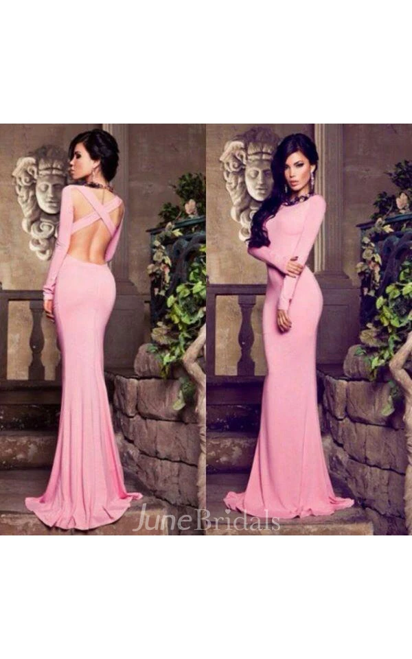 Modern Bateau Long Sleeve Mermaid Prom Dress Floor-length Cross Crisis Back