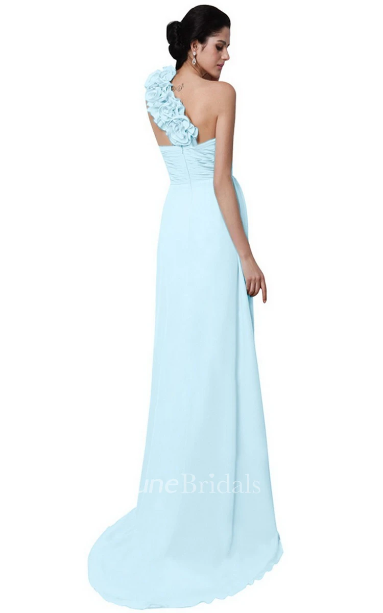 One-shoulder Long Chiffon Dress With Flowers